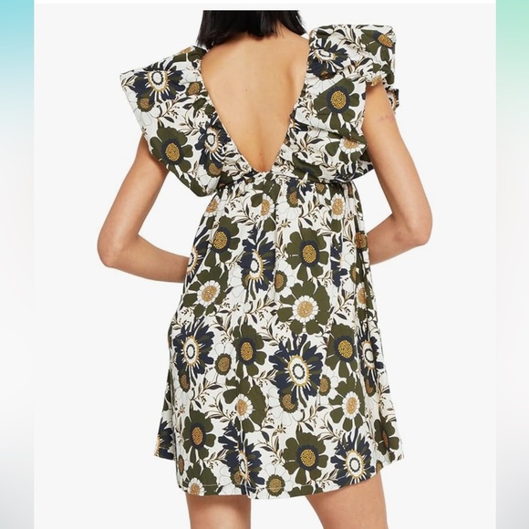 Floral Ruffle Mini Dress Green & Blue With Black Bow Women’s Large NWT - Picture 8 of 9